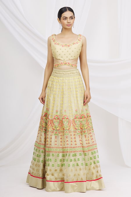 Ariyana By Aza_Gold Bamboo, Organza, Net Sequins Square Neck Embellished Bridal Lehenga Set _Online_at_Aza_Fashions