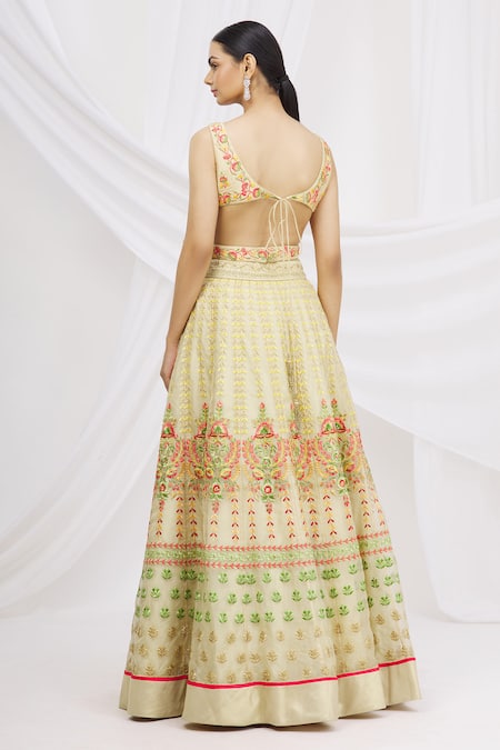 Shop_Ariyana By Aza_Gold Bamboo, Organza, Net Sequins Square Neck Embellished Bridal Lehenga Set _at_Aza_Fashions