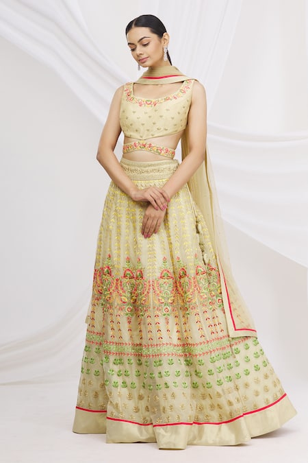 Buy_Ariyana By Aza_Gold Bamboo, Organza, Net Sequins Square Neck Embellished Bridal Lehenga Set _Online_at_Aza_Fashions