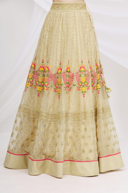 Buy_Ariyana by Aza_Gold Organza, Net, Brocade Embroidery, Sequins Round Neck Bridal Lehenga Set 