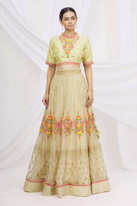 Buy_Ariyana by Aza_Gold Organza, Net, Brocade Embroidery, Sequins Round Neck Bridal Lehenga Set _Online_at_Aza_Fashions