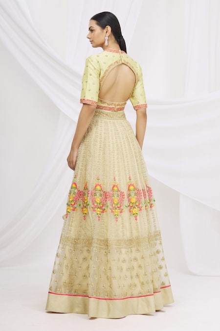Shop_Ariyana by Aza_Gold Organza, Net, Brocade Embroidery, Sequins Round Neck Bridal Lehenga Set _at_Aza_Fashions