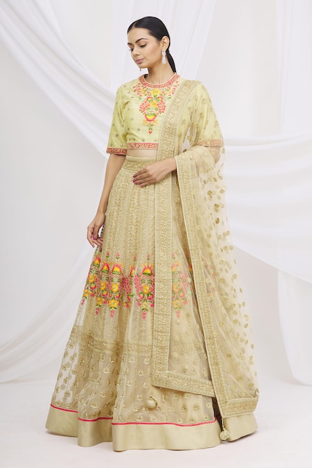 Ariyana by Aza_Gold Organza, Net, Brocade Embroidery, Sequins Round Neck Bridal Lehenga Set _Online_at_Aza_Fashions