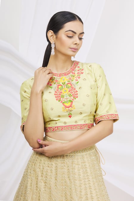 Shop_Ariyana by Aza_Gold Organza, Net, Brocade Embroidery, Sequins Round Neck Bridal Lehenga Set _Online_at_Aza_Fashions