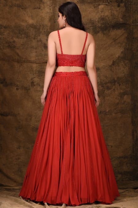 Shop_Ariyana By Aza_Red Georgette, Organza Sequins Asymmetric Embellished Ruffle Bridal Lehenga Set _at_Aza_Fashions