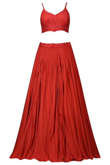 Shop_Ariyana By Aza_Red Georgette, Organza Sequins Asymmetric Embellished Ruffle Bridal Lehenga Set _Online_at_Aza_Fashions