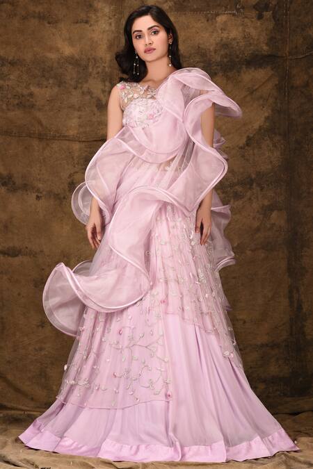 Shop_Aariyana Couture_Purple Organza, Georgette, Net Embroidery Round Neck Ruffle Bridal Lehenga Set_Online_at_Aza_Fashions