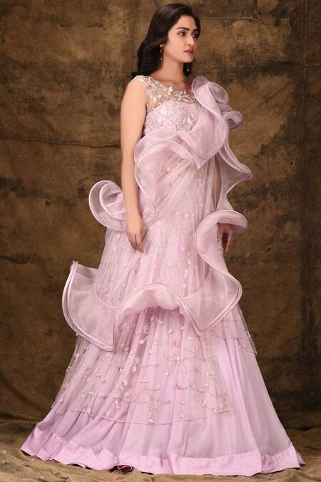 Aariyana Couture_Purple Organza, Georgette, Net Embroidery Round Neck Ruffle Bridal Lehenga Set_Online_at_Aza_Fashions