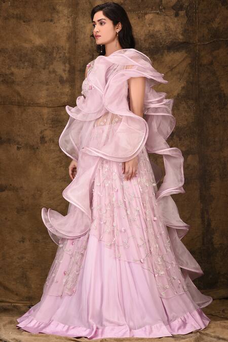 Buy_Aariyana Couture_Purple Organza, Georgette, Net Embroidery Round Neck Ruffle Bridal Lehenga Set_Online_at_Aza_Fashions