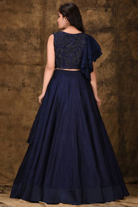 Shop_Aariyana Couture_Blue Silk, Denim Sequins Round Neck Ruffled Lehenga Set_at_Aza_Fashions