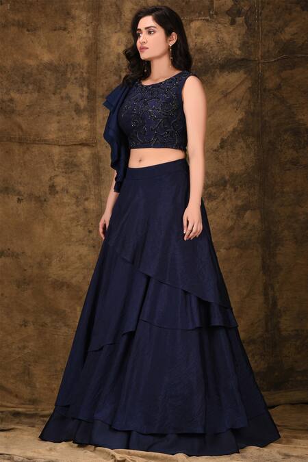Aariyana Couture_Blue Silk, Denim Sequins Round Neck Ruffled Lehenga Set_Online_at_Aza_Fashions