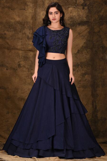 Shop_Aariyana Couture_Blue Silk, Denim Sequins Round Neck Ruffled Lehenga Set_Online_at_Aza_Fashions
