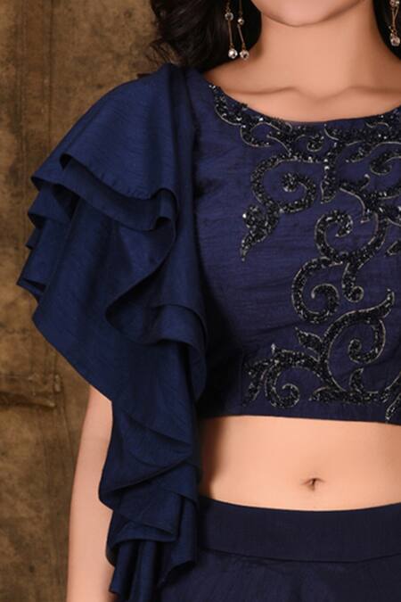 Aariyana Couture_Blue Silk, Denim Sequins Round Neck Ruffled Lehenga Set_at_Aza_Fashions