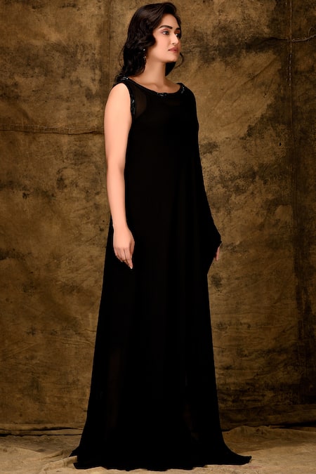 Aariyana Couture_Black Georgette Sequins Boat Neck Embellished Gown _Online_at_Aza_Fashions