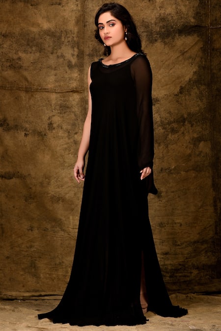 Buy_Aariyana Couture_Black Georgette Sequins Boat Neck Embellished Gown _Online_at_Aza_Fashions