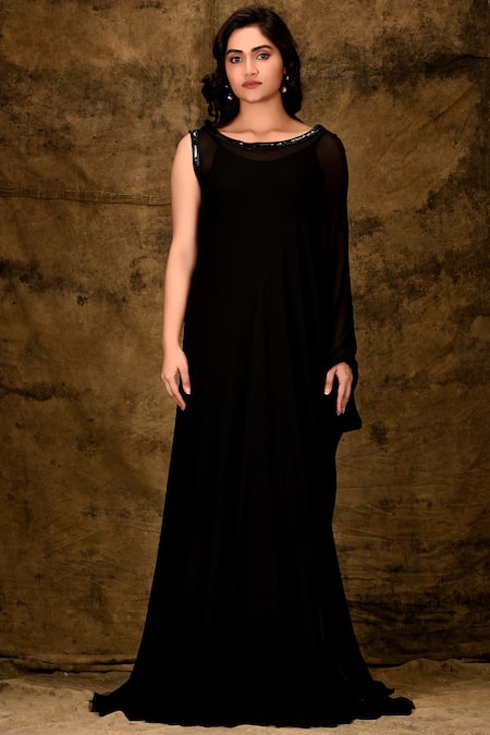 Shop_Aariyana Couture_Black Georgette Sequins Boat Neck Embellished Gown _Online_at_Aza_Fashions