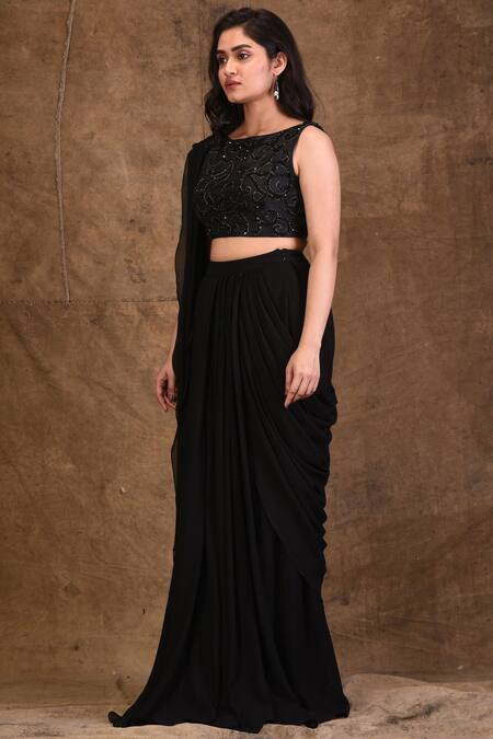 Buy_Aariyana Couture_Black Georgette, Denim Beads, Sequins, Embroidery Embellished Pre-draped Saree_Online_at_Aza_Fashions