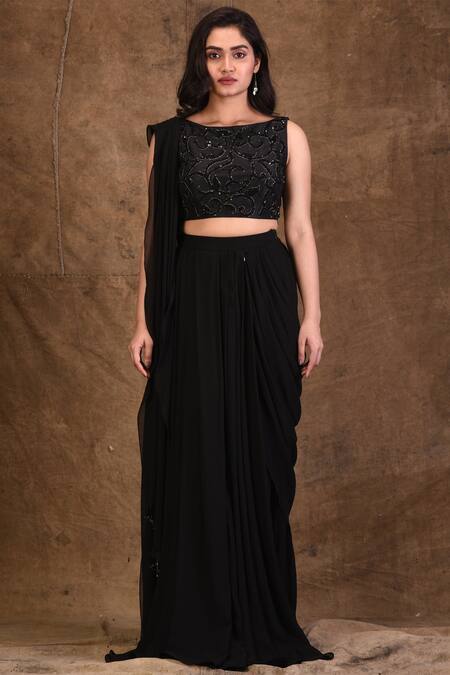 Shop_Aariyana Couture_Black Georgette, Denim Beads, Sequins, Embroidery Embellished Pre-draped Saree_Online_at_Aza_Fashions