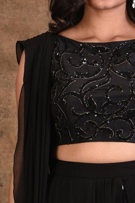 Aariyana Couture_Black Georgette, Denim Beads, Sequins, Embroidery Embellished Pre-draped Saree_at_Aza_Fashions