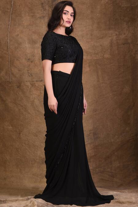Aariyana Couture_Black Denim, Georgette, Silk Embroidery Boat Neck Embellished Pre-draped Saree_Online_at_Aza_Fashions