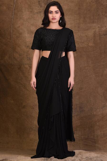 Shop_Aariyana Couture_Black Denim, Georgette, Silk Embroidery Boat Neck Embellished Pre-draped Saree_Online_at_Aza_Fashions