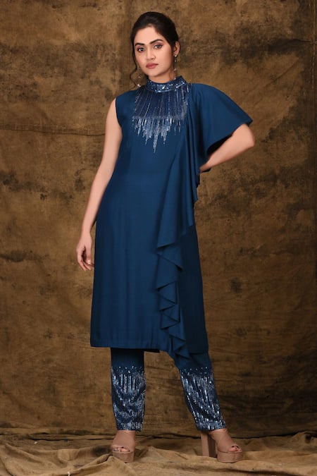 Aariyana Couture Blue Kurta Moss Crepepant Bamber Silk Round Embroidered With Pants 