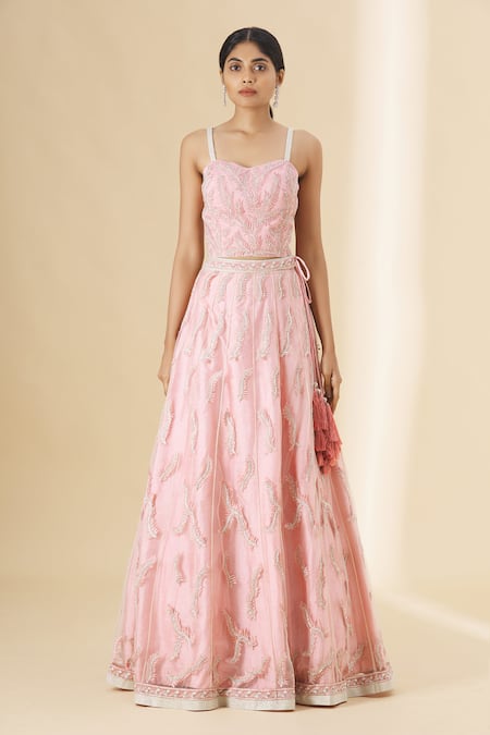 Buy_Aariyana Couture_Pink Silk, Net Sequins, Embroidery Sweetheart Neck Lehenga Set_Online_at_Aza_Fashions