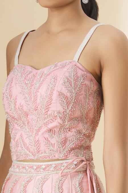 Aariyana Couture_Pink Silk, Net Sequins, Embroidery Sweetheart Neck Lehenga Set_at_Aza_Fashions
