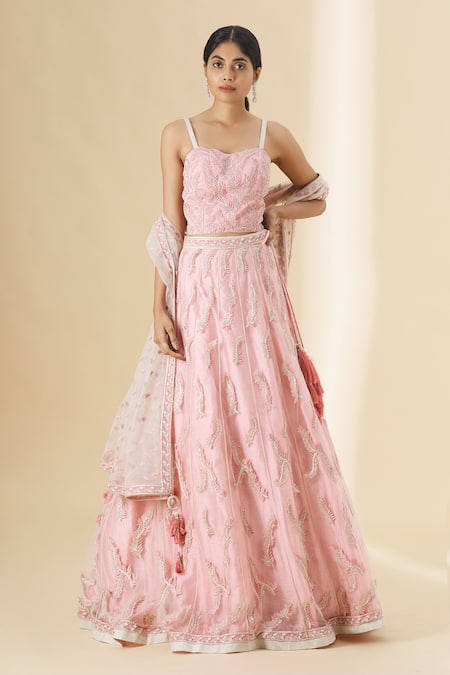 Aariyana Couture_Pink Silk, Net Sequins, Embroidery Sweetheart Neck Lehenga Set_Online_at_Aza_Fashions