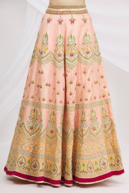 Shop Aariyana Couture Peach Silk, Net, Brocade Embroidery V-neck Bridal Lehenga Set Online at Aza Fashions Shop_Aariyana Couture_Peach Silk, Net, Brocade Embroidery V-neck Bridal Lehenga Set_Online_at_Aza_Fashions