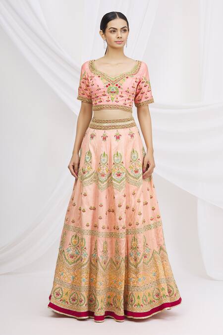 Buy Aariyana Couture Peach Silk, Net, Brocade Embroidery V-neck Bridal Lehenga Set Online at Aza Fashions Buy_Aariyana Couture_Peach Silk, Net, Brocade Embroidery V-neck Bridal Lehenga Set_Online_at_Aza_Fashions