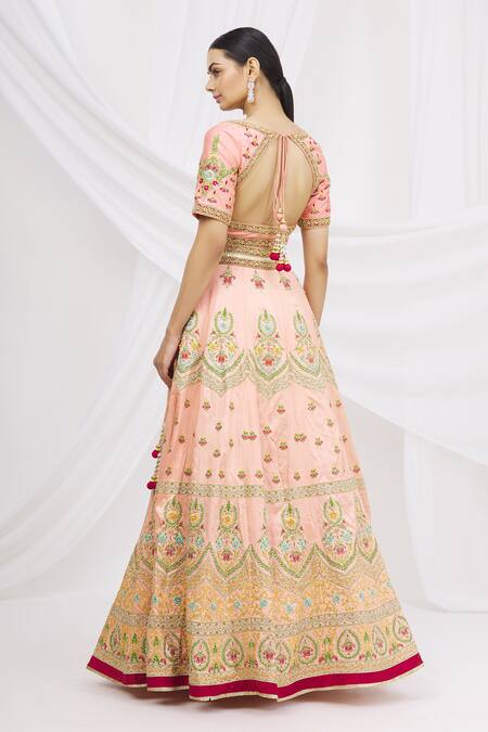 Shop Aariyana Couture Peach Silk, Net, Brocade Embroidery V-neck Bridal Lehenga Set at Aza Fashions Shop_Aariyana Couture_Peach Silk, Net, Brocade Embroidery V-neck Bridal Lehenga Set_at_Aza_Fashions