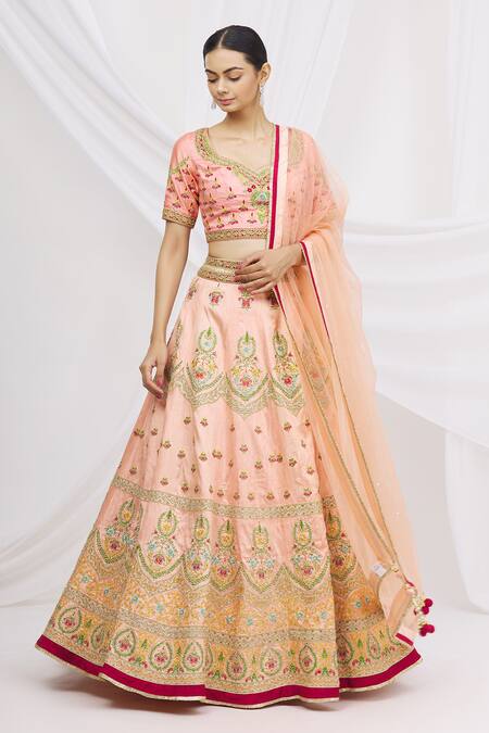 Aariyana Couture Peach Silk, Net, Brocade Embroidery V-neck Bridal Lehenga Set Online at Aza Fashions Aariyana Couture_Peach Silk, Net, Brocade Embroidery V-neck Bridal Lehenga Set_Online_at_Aza_Fashions