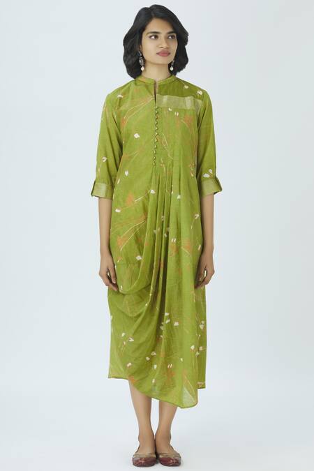 Jajobaa Green Banarasi Silk Draped Dress Online at Aza Fashions Jajobaa_Green Banarasi Silk Draped Dress_Online_at_Aza_Fashions