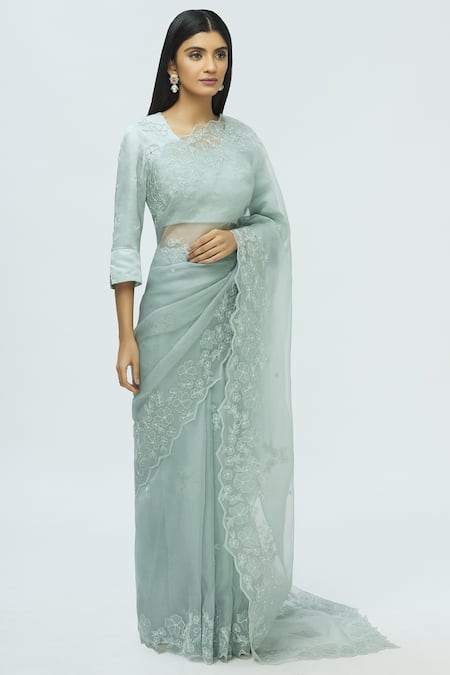 I am Design Grey Silk Organza Saree With Blouse