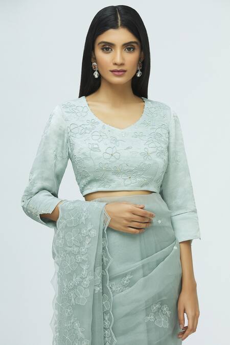 I Am Design_Grey Silk Organza Saree With Blouse_Online_at_Aza_Fashions