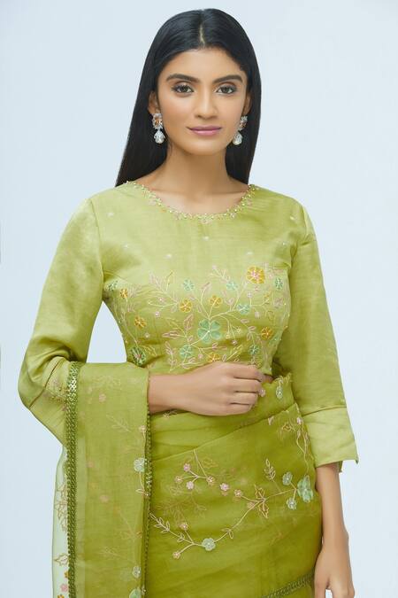 I Am Design_Green Silk Organza Saree With Blouse_Online_at_Aza_Fashions