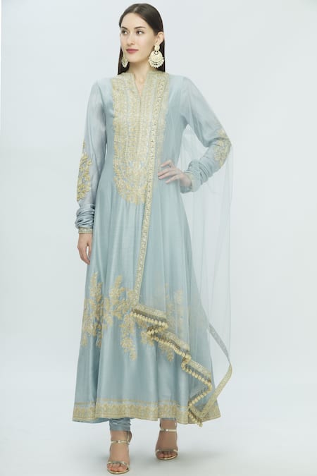 Manish Malhotra_Blue Chanderi Embroidered Anarkali Set_Online_at_Aza_Fashions