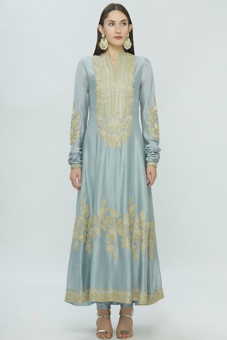 Buy_Manish Malhotra_Blue Chanderi Embroidered Anarkali Set_Online_at_Aza_Fashions