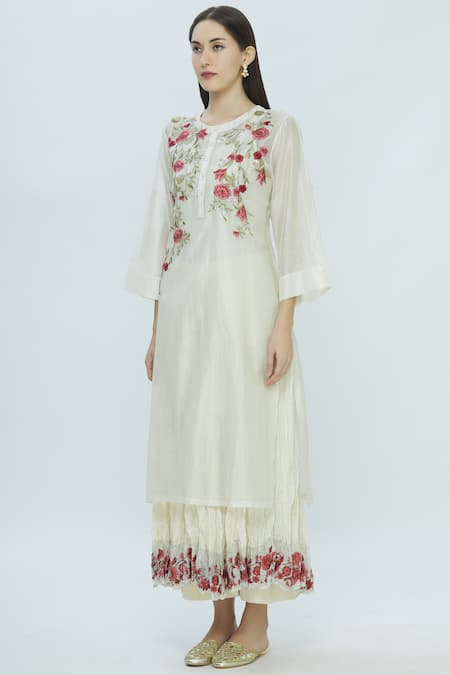 Prama By Pratima Pandey_White Cotton, Silk Chanderi Kurta, Slip Round Embroidered_Online_at_Aza_Fashions