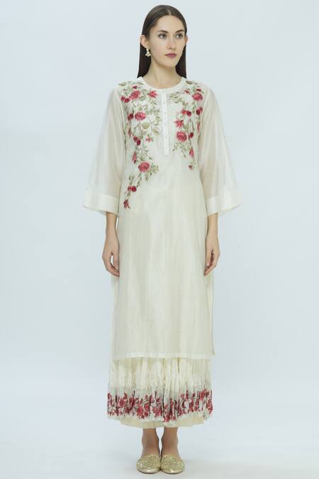 Buy_Prama By Pratima Pandey_White Cotton, Silk Chanderi Kurta, Slip Round Embroidered_Online_at_Aza_Fashions