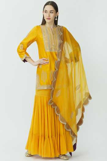 Radhika Airi_Yellow Chanderi Embroidered Kurta Sharara Set_Online_at_Aza_Fashions