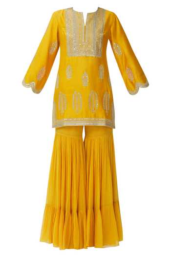 Buy_Radhika Airi_Yellow Chanderi Embroidered Kurta Sharara Set_Online_at_Aza_Fashions
