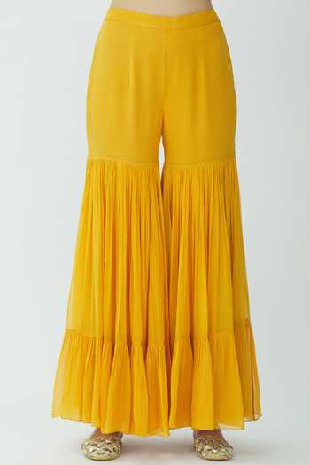 Shop_Radhika Airi_Yellow Chanderi Embroidered Kurta Sharara Set_Online_at_Aza_Fashions