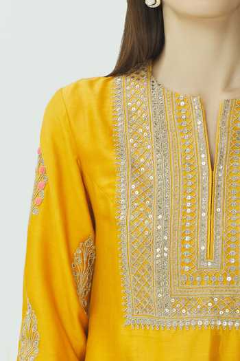 Radhika Airi_Yellow Chanderi Embroidered Kurta Sharara Set_at_Aza_Fashions