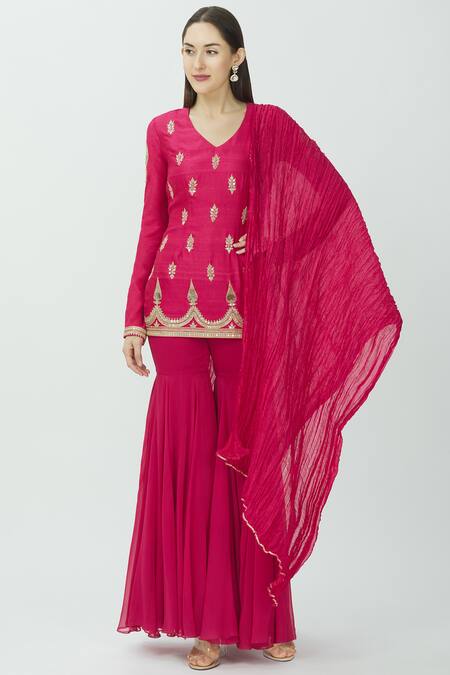 Radhika Airi_Pink Raw Silk Embroidered Kurta Sharara Set_Online_at_Aza_Fashions