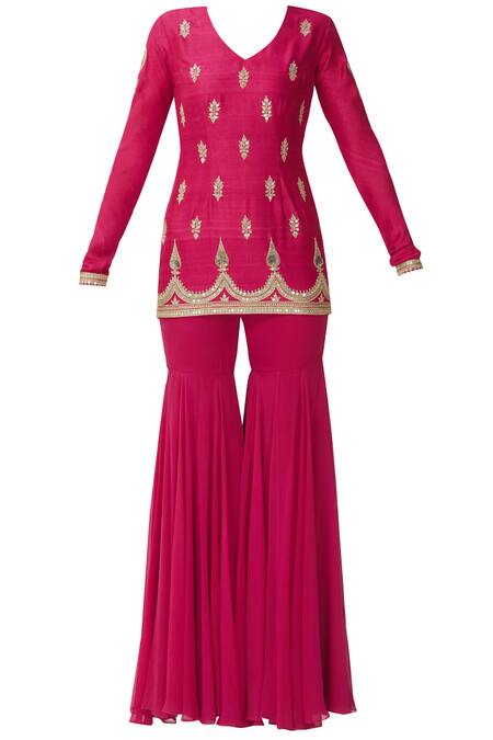 Buy_Radhika Airi_Pink Raw Silk Embroidered Kurta Sharara Set_Online_at_Aza_Fashions