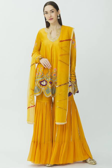 Buy Radhika Airi Yellow Chanderi Kurta Sharara Set at Aza Fashions Buy_Radhika Airi_Yellow Chanderi Kurta Sharara Set_at_Aza_Fashions