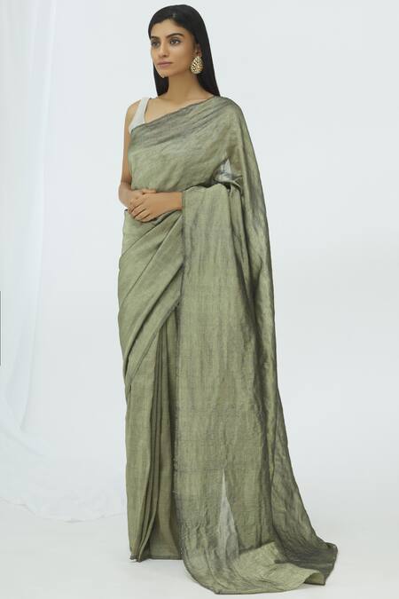Akaaro_Grey Cotton Linen Saree _Online_at_Aza_Fashions