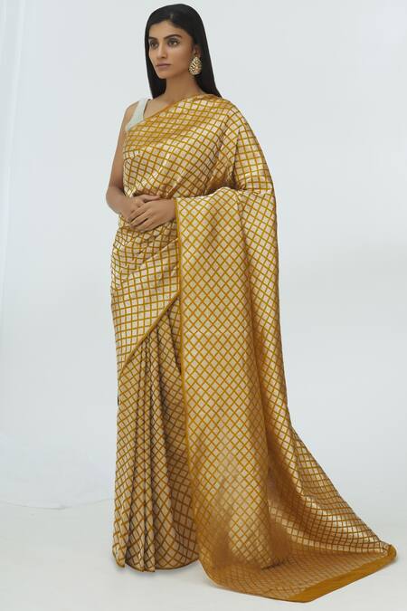 Akaaro_Yellow Cotton Linen Saree _Online_at_Aza_Fashions